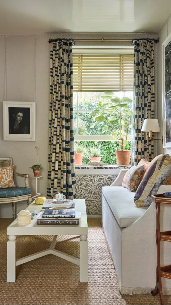 Eclectic style small apartment decor with geometric blue and cream curtains, a beige sofa with patterned pillows, and a vintage armchair.
