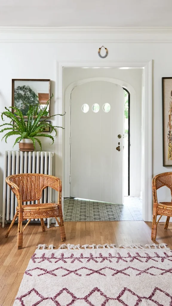 Charming eclectic entryway decor featuring a pair of vintage rattan armchairs, a white arched door, a patterned rug, and vibrant green indoor plants.