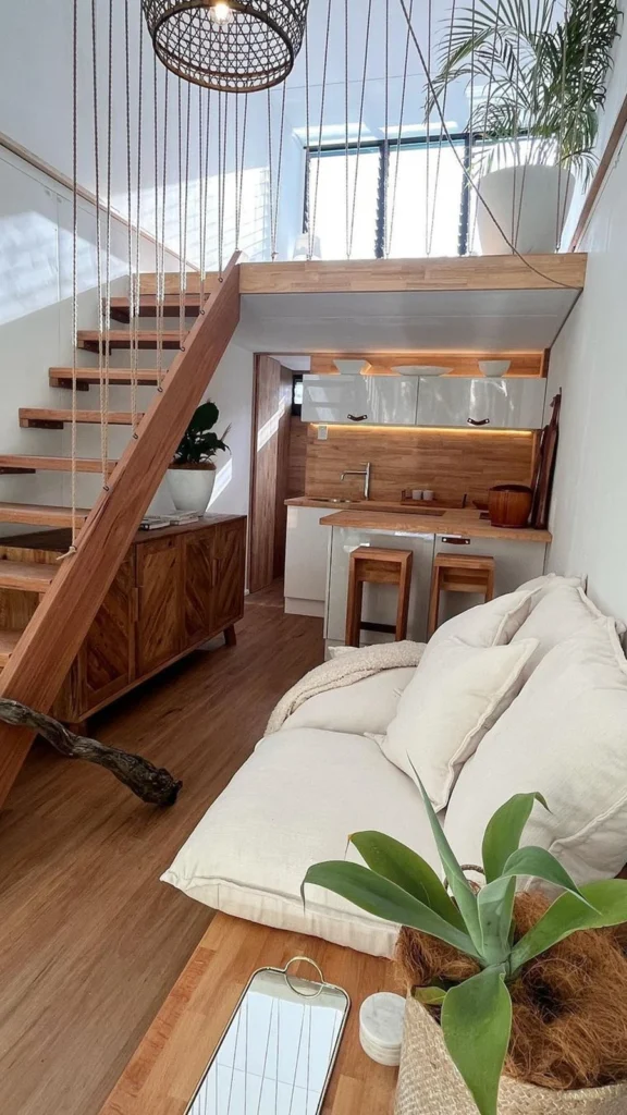 Minimalist organic style small apartment decor inside a tiny home with a wooden staircase, low white sofa, and a loft bedroom overhead.