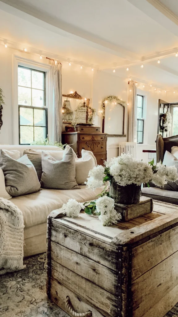 Cozy white-walled living room decorated with rustic home decor featuring string lights, a white sofa, and a distressed wooden chest coffee table.