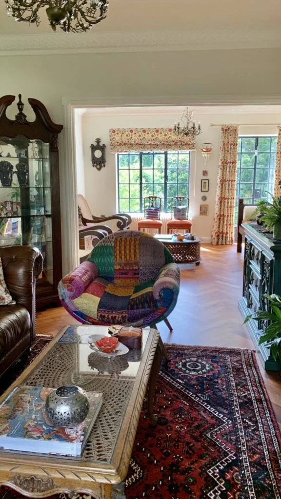 Classic elegant home displaying vintage home decor with a leather Chesterfield sofa, a vibrant patchwork armchair, and an antique wooden display cabinet.