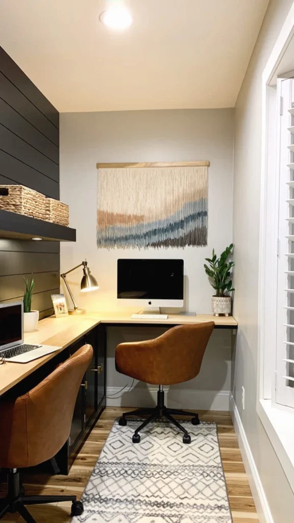L-shaped double workspace featuring home office decor ideas with a dark shiplap accent wall, tan leather chairs, macrame wall hanging, and under-shelf lights.