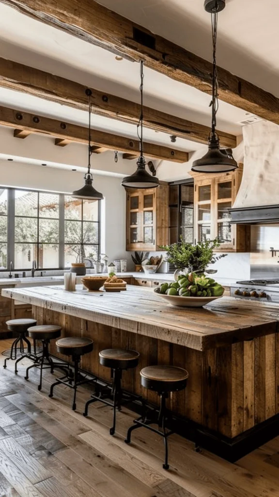 Spacious log cabin kitchen showcasing rustic home decor with heavy wooden ceiling beams, a large wood island, and industrial barstools.