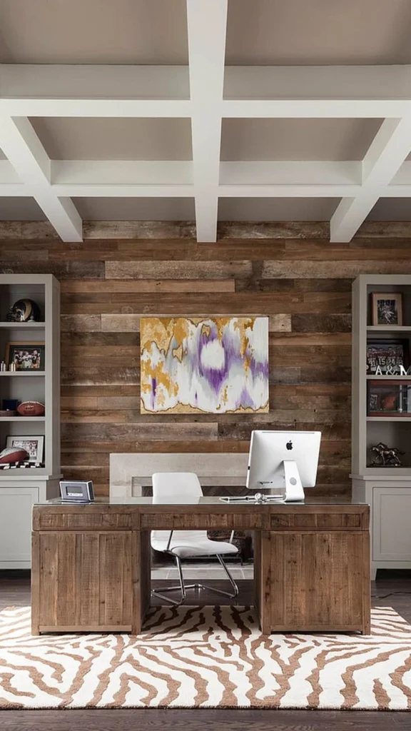 Luxury transitional home office featuring home office decor ideas with a reclaimed wood plank wall, coffered ceiling, rustic desk, and built-in grey bookcases.