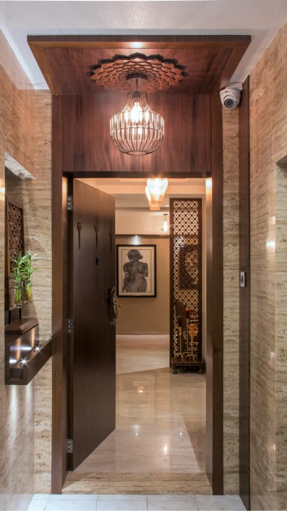 Grand luxury entryway decor with travertine stone tile walls, a dark wood front door, a polished marble floor, and a modern cage pendant light hanging from a decorative ceiling medallion.
