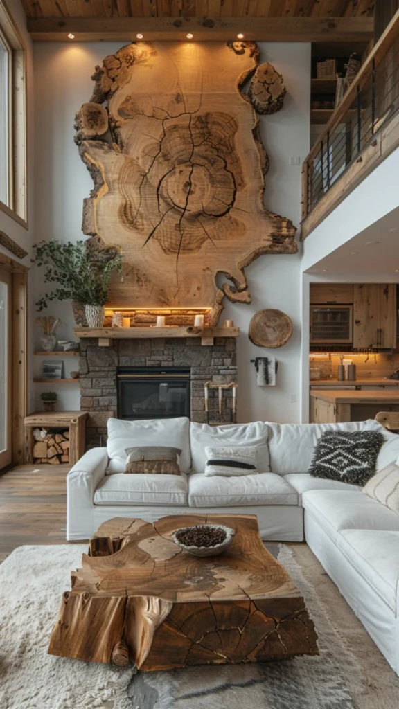 High-ceilinged living room with rustic home decor featuring a giant natural wood slice wall art, a stone fireplace, and a white sectional sofa.