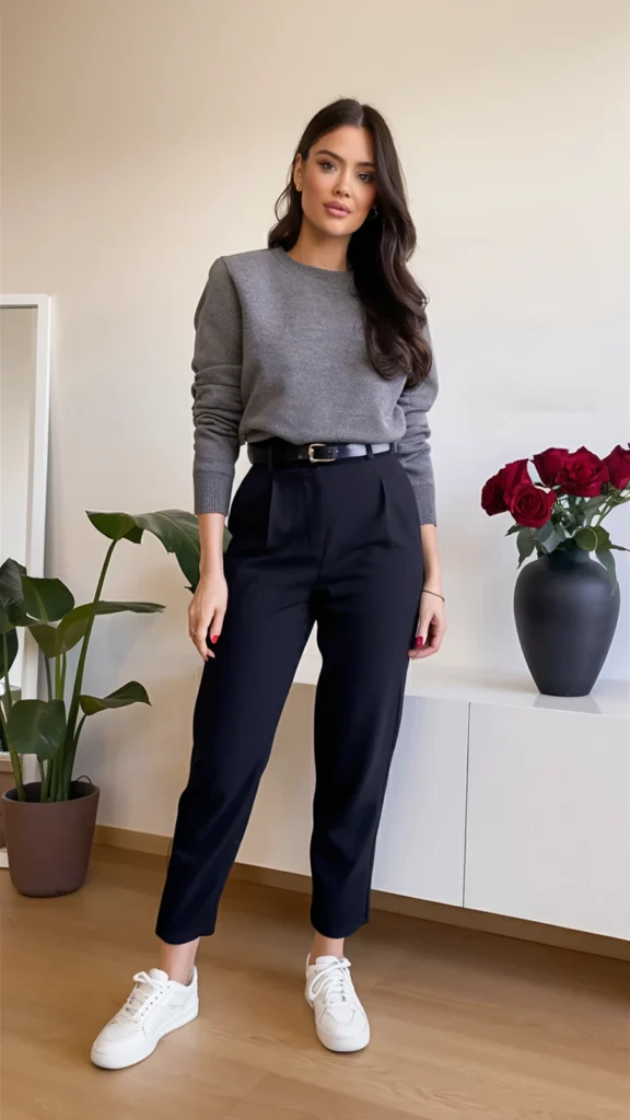 Woman wearing a grey crewneck sweater tucked into high-waisted black trousers with a belt and white low-top sneakers.