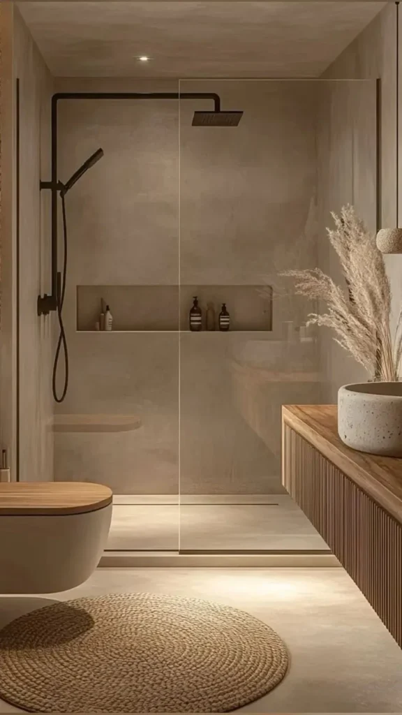 Zen bathroom interior displaying Japandi style with beige plaster walls, a fluted wood vanity, stone sink, and black shower fixtures