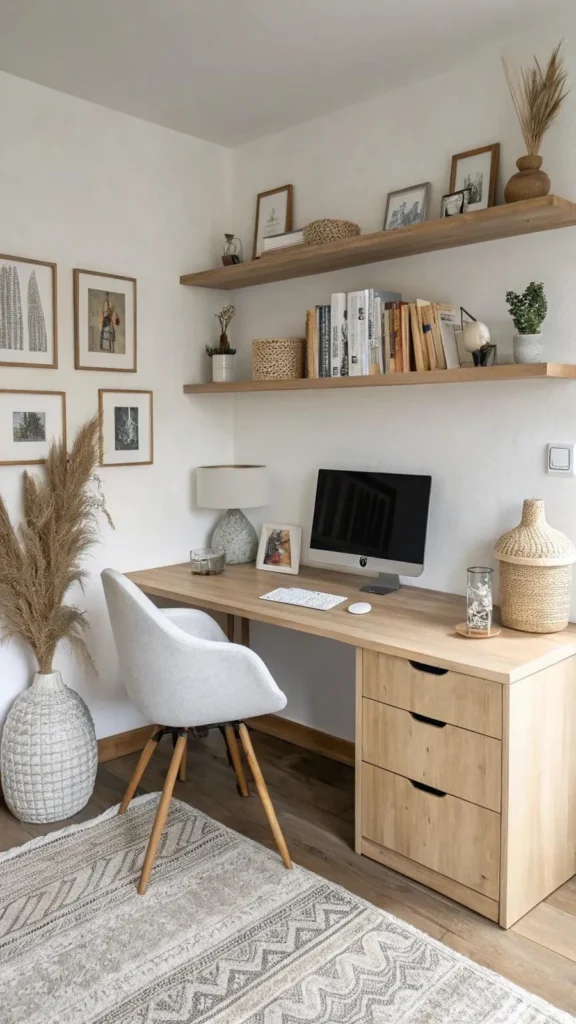 Minimalist Scandinavian home workspace showing home office decor ideas with natural oak floating shelves, pampas grass in a large vase, and a white chair.