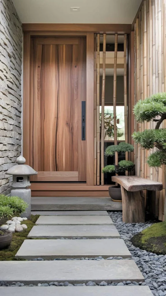 Peaceful Zen style home entrance with a rich wooden door, a stone slab walkway, a bamboo screen wall, and a small Japanese bonsai tree.