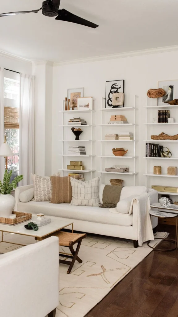 Bright living room showing wall decor ideas with three white leaning ladder shelves displaying framed art, books, and ceramic vases behind a cream couch.