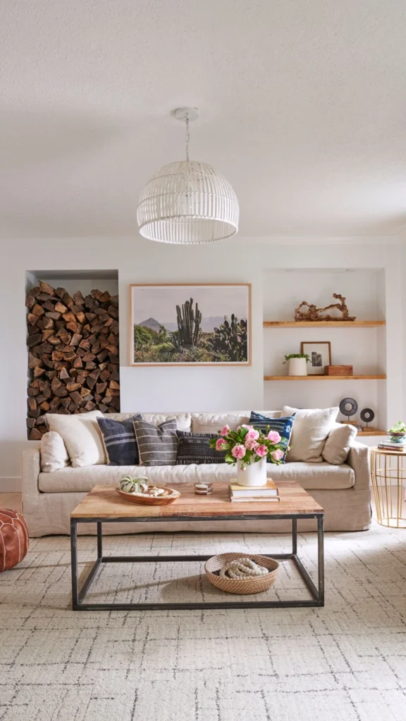 Bright living room styled with rustic home decor featuring a stack of firewood in a wall niche, a neutral couch, and a light wood coffee table.