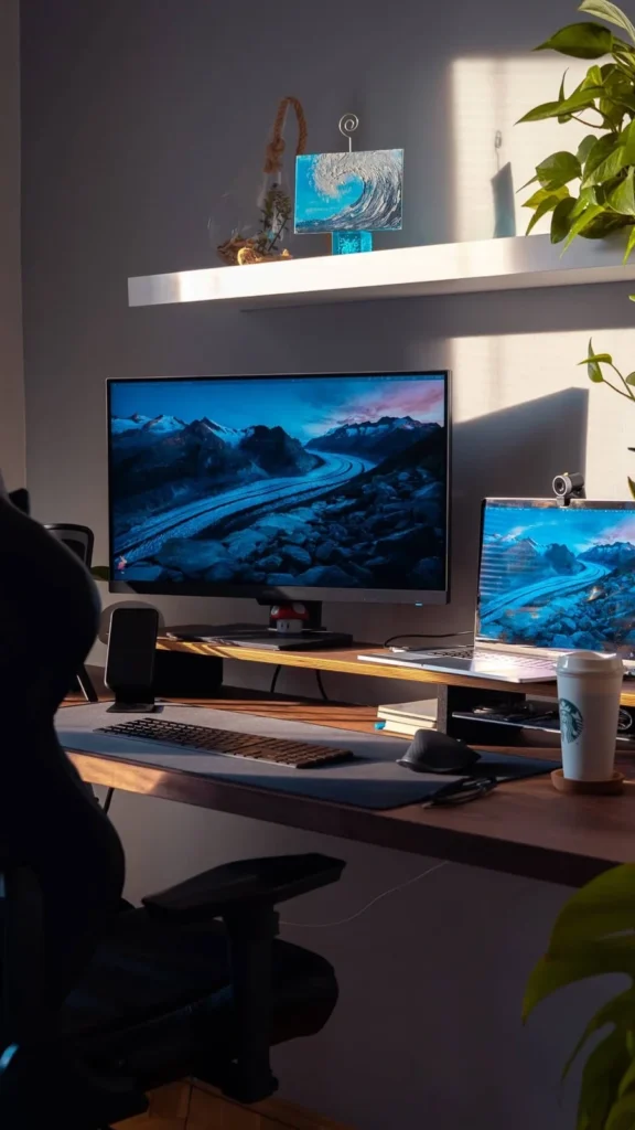Modern workstation featuring home office decor ideas with a black gaming chair, dual display screens, wooden desk monitor stand, and a trailing pothos plant.