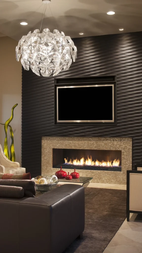 Modern luxury living room showcasing wall decor ideas with a dark wavy 3D textured accent wall, an integrated TV, and a linear fireplace.