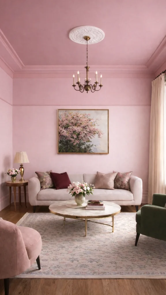 Elegant living room displaying colour capping with a deep dusty pink ceiling above lighter rose pink walls, a beige sofa, and green armchair.