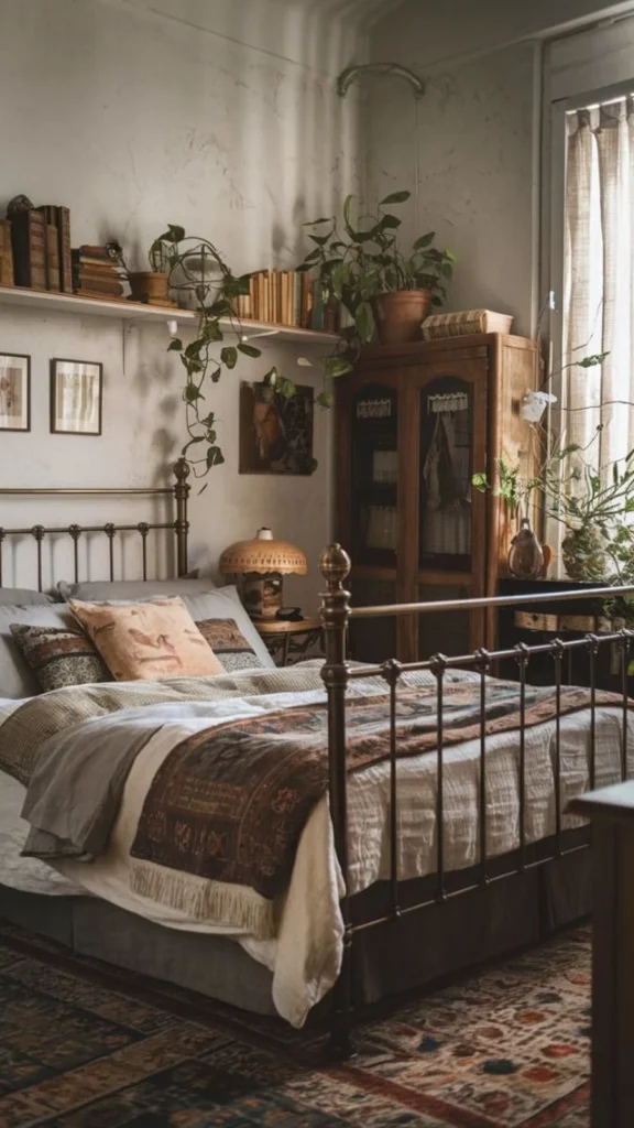 Moody antique bedroom styling with vintage home decor featuring a brass metal bed frame, dark wood armoire, and hanging green ivy plants.