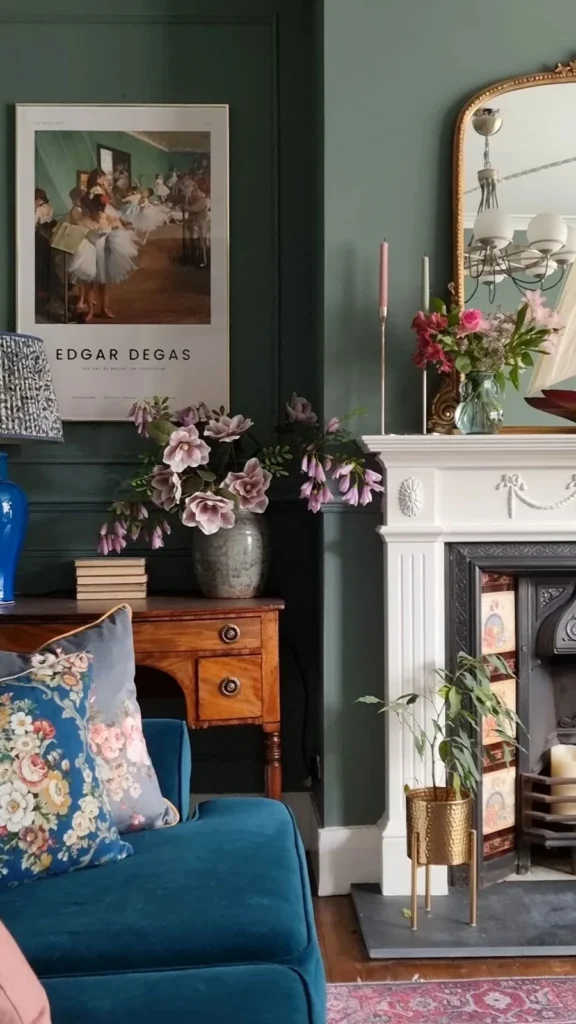 Moody green living room showing vintage home decor with a white fireplace mantel, a blue velvet chair, and an Edgar Degas poster.