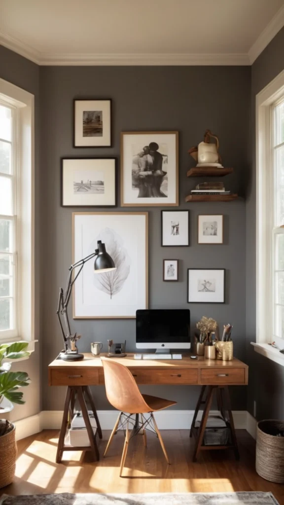 Moody dark gray home office nook displaying home office decor ideas with a wooden trestle desk, black adjustable task lamp, and a photography gallery wall.