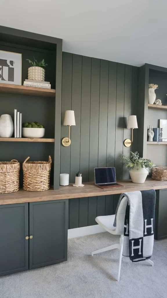 Elegant home office displaying home office decor ideas with dark olive green built-in bookcases, brass wall sconces, wood desktop, and woven storage baskets.