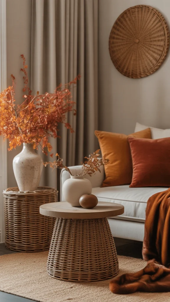 Cozy autumn living room showcasing fall home decor ideas with woven rattan side tables, terracotta velvet pillows, and tall orange fall foliage branches in a ceramic vase.