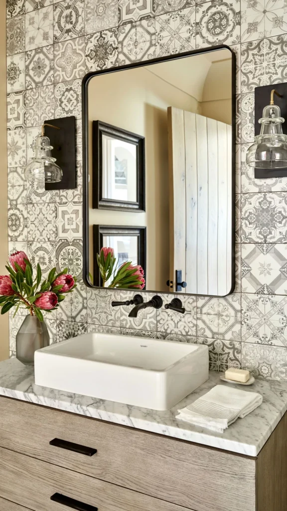 Modern bathroom showing wall decor ideas with monochrome patterned ceramic tiles, a black rectangular mirror, and clear glass sconces.