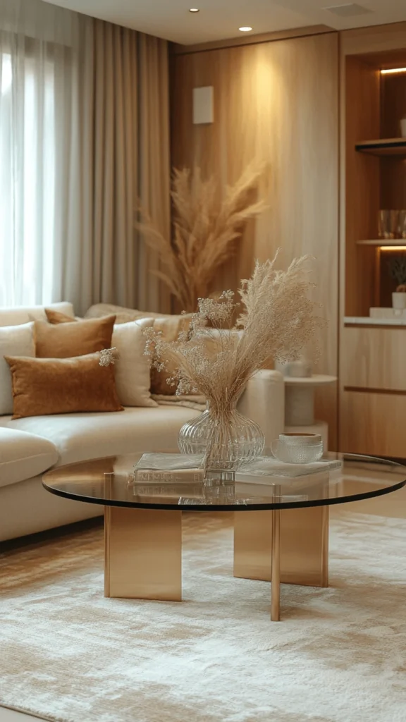 Warm minimalist small apartment decor with a white sofa, velvet amber pillows, a gold glass coffee table, and pampas grass.