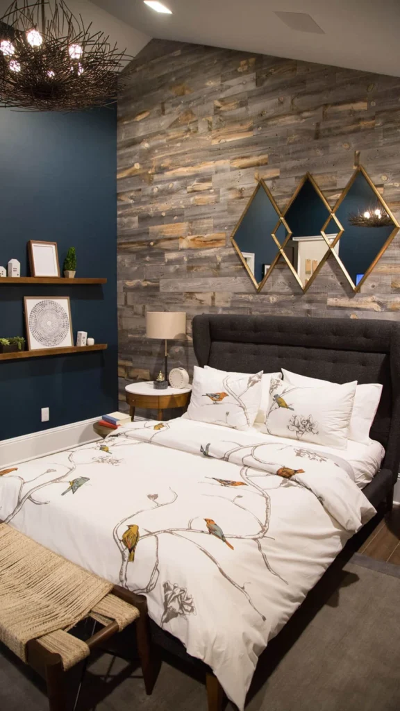 Modern rustic bedroom displaying wall decor ideas with three gold diamond-shaped mirrors mounted on a gray weathered wood accent wall.
