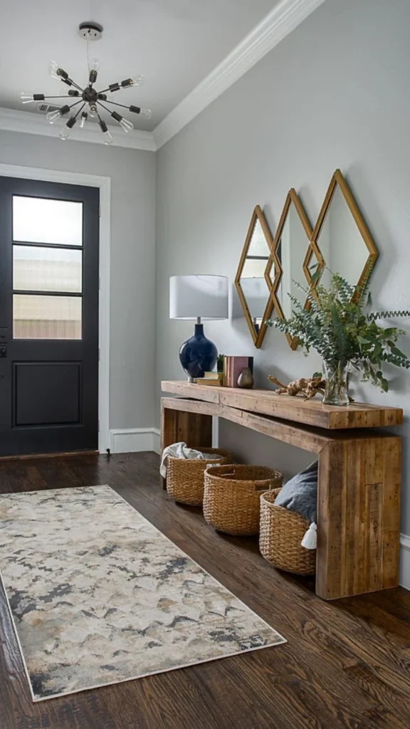 Elegant rustic modern entryway decor featuring a long wooden console table, three diamond-shaped wall mirrors, woven storage baskets, and a black front door.