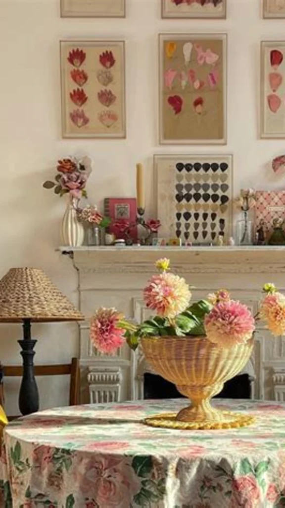 Charming rustic table arrangement with vintage home decor showcasing old books, a framed oil painting, and handmade ceramic pottery