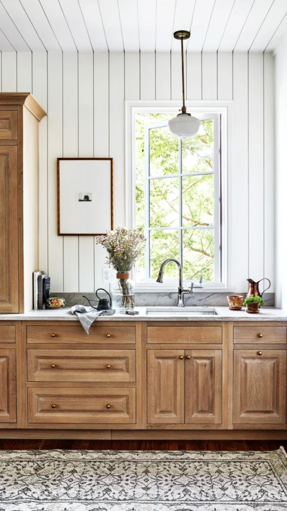 Cozy kitchen sink area with rustic home decor featuring wooden cabinets, vertical shiplap walls, a white-framed window, and a vintage runner rug