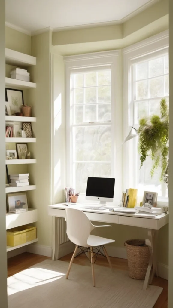 Soft sage green home office displaying home office decor ideas with a white desk in a bay window, floating wall shelves, and an white ergonomic chair.