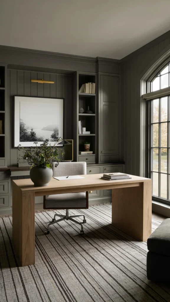 Elegant dark gray home office showing home office decor ideas with built-in dark bookcases, a natural wood desk, picture light, and a large arched window.