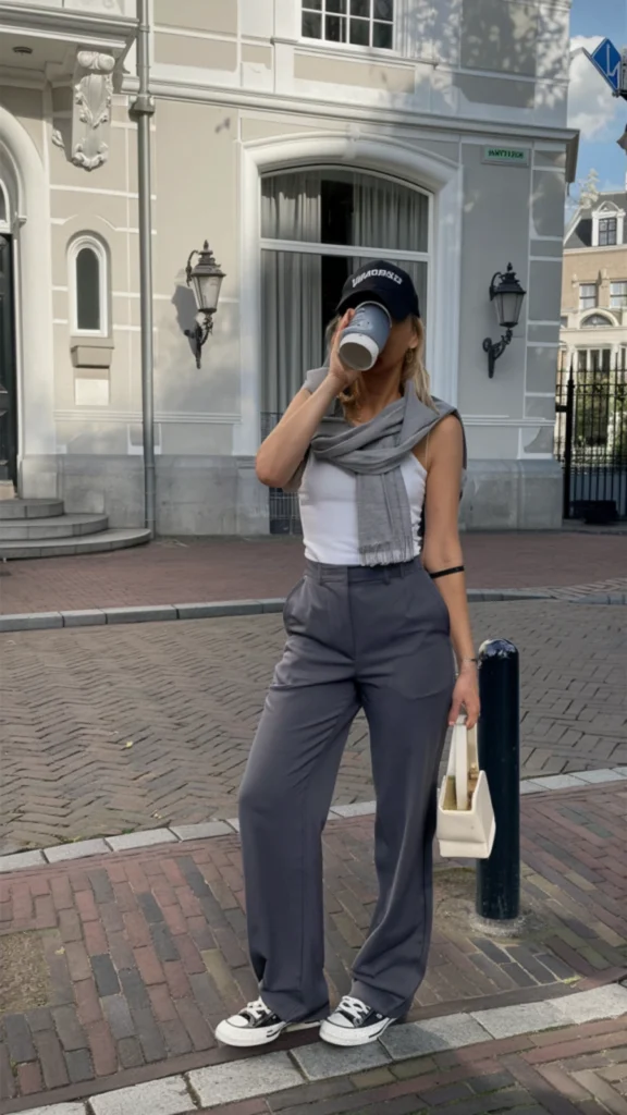 Stylish woman drinking coffee wearing a white tank top, grey sweater draped over shoulders, dark grey wide-leg trousers, black cap, and sneakers.