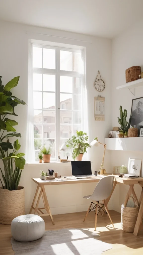 Bright minimalist home office featuring home office decor ideas with a wooden trestle desk by a large window, potted houseplants, and a white leather pouf.
