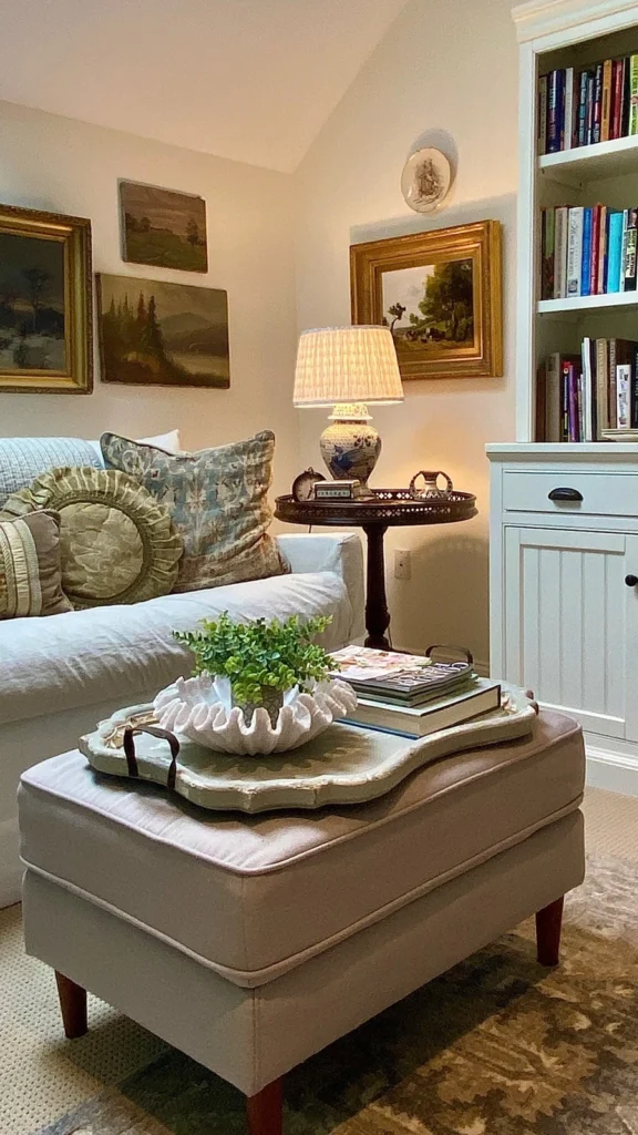 Warm traditional living room nook with vintage home decor showcasing a white sofa, ornate gold-framed paintings, and a blue and white ceramic lamp.
