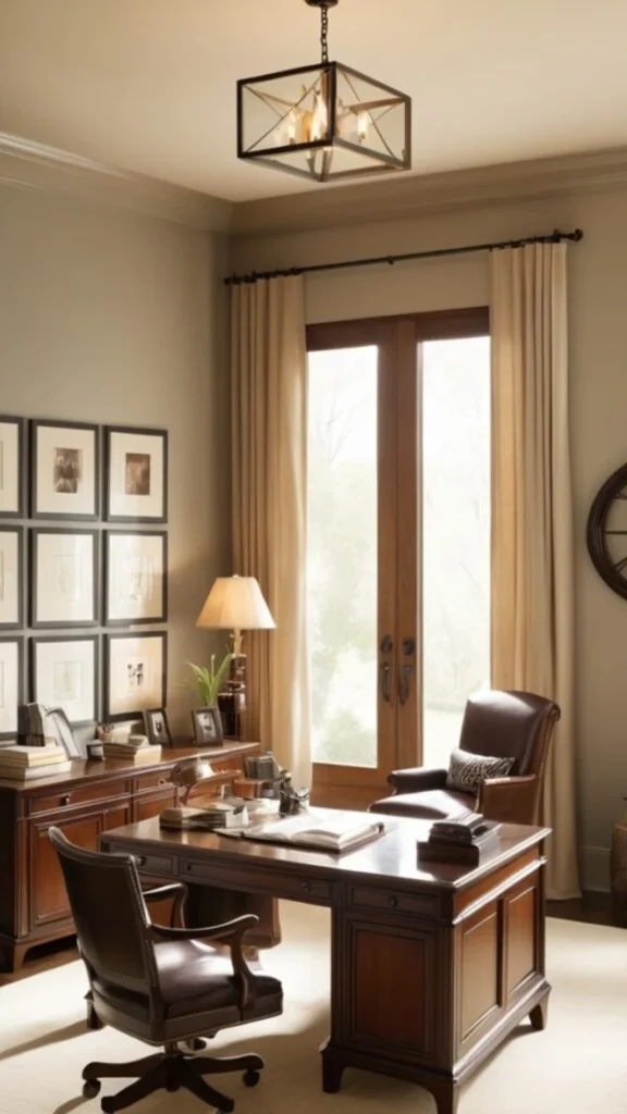 Classic executive study displaying home office decor ideas with a mahogany executive desk, leather armchairs, grid gallery wall, and a lantern chandelier.
