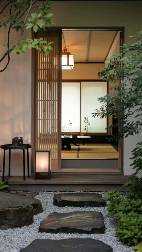 Authentic Japanese Zen entryway with stone steps over white gravel, a sliding wooden door, a glowing floor lantern, and a glimpse into a tatami mat room.
