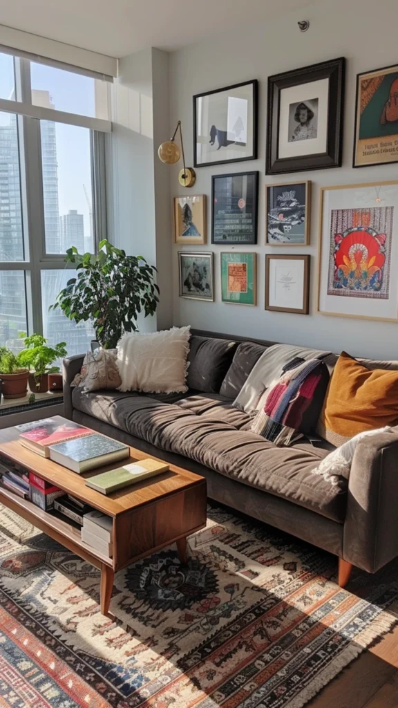 High-rise apartment small apartment decor featuring a dark velvet sofa, a large gallery wall of art frames, and floor-to-ceiling windows.