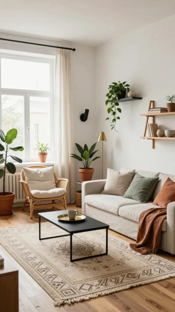Urban jungle theme small apartment decor with a beige couch, black metal coffee table, rattan armchair, and multiple green houseplants.