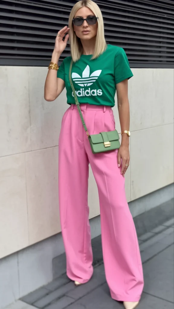 Woman in a green Adidas graphic t-shirt tucked into high-waisted bright pink wide-leg trousers with a green crossbody purse.