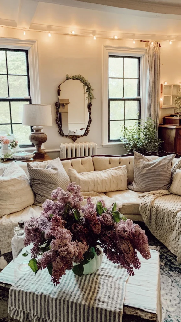 Cozy cottagecore living room with vintage home decor showcasing a plush tufted sectional couch, glowing string lights, and a fresh bouquet of purple lilacs.