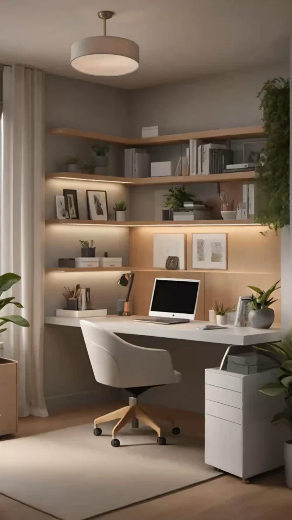 Modern built-in corner desk showcasing home office decor ideas with warm under-shelf LED lighting, floating shelves, potted plants, and a white swivel chair.