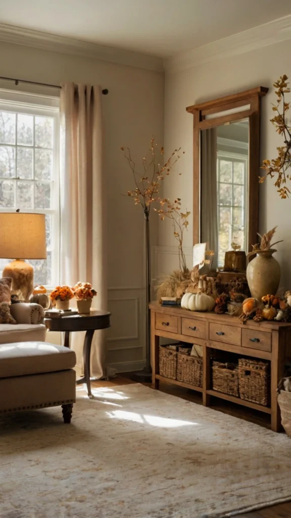 Entryway nook displaying fall home decor ideas with a wooden console table, decorative pumpkins, dried wheat, a tall mirror, and an illuminated tree lamp.