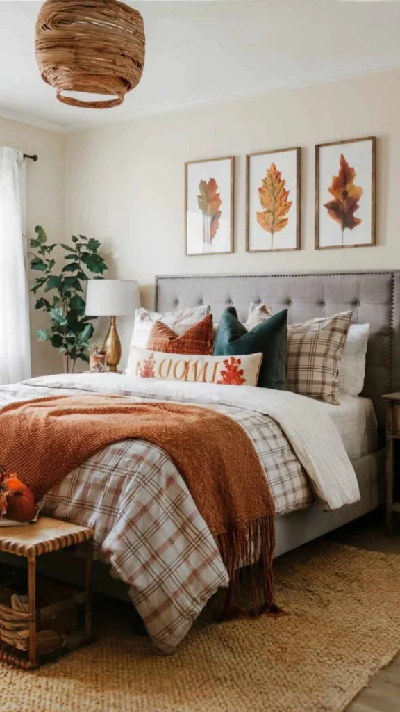 Cozy bedroom showcasing fall home decor ideas with plaid bedding, a rust throw blanket, leaf framed wall art, and an accent "Fall" pillow.