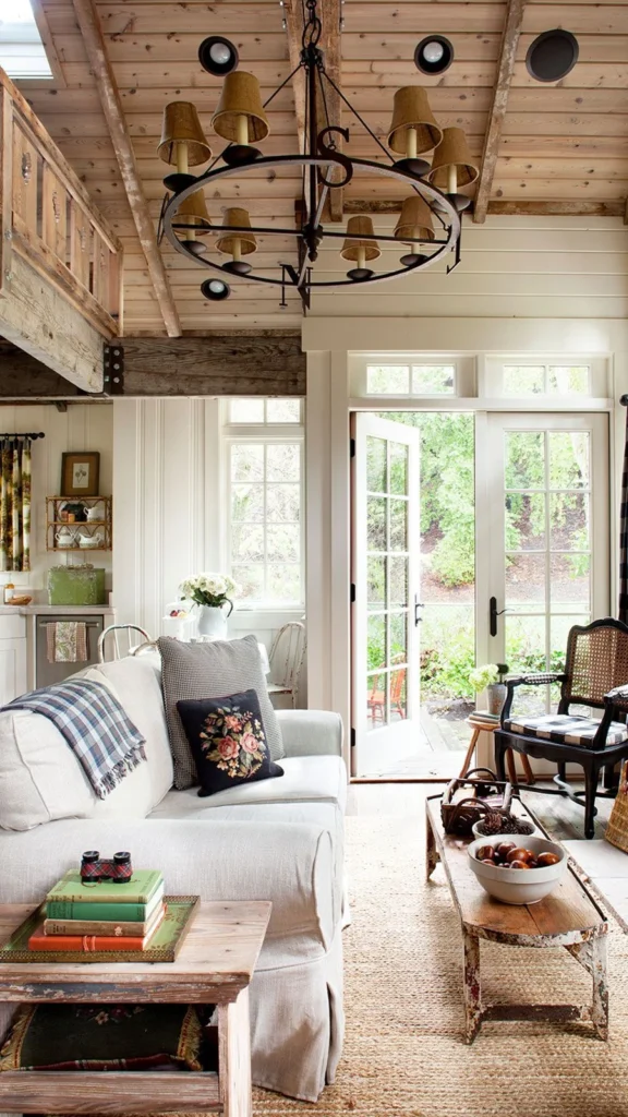 Cottage living room showcasing rustic home decor with a stone fireplace, an iron compass chandelier, and open French doors leading to a garden.