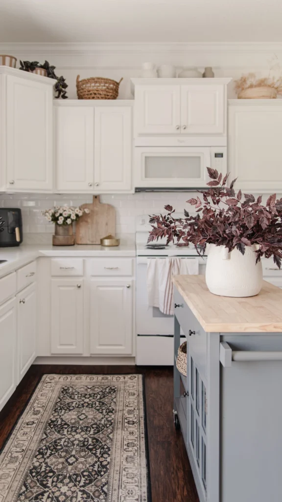Airy kitchen displaying kitchen decorating ideas with white cabinets, decorative baskets on top, a grey wood-top island, and patterned rug.