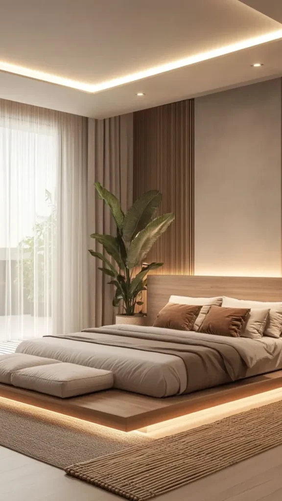 Compact bedroom displaying Japandi bedroom ideas with an LED under-lit floating wooden platform bed, vertical wood slats, and a potted plant.