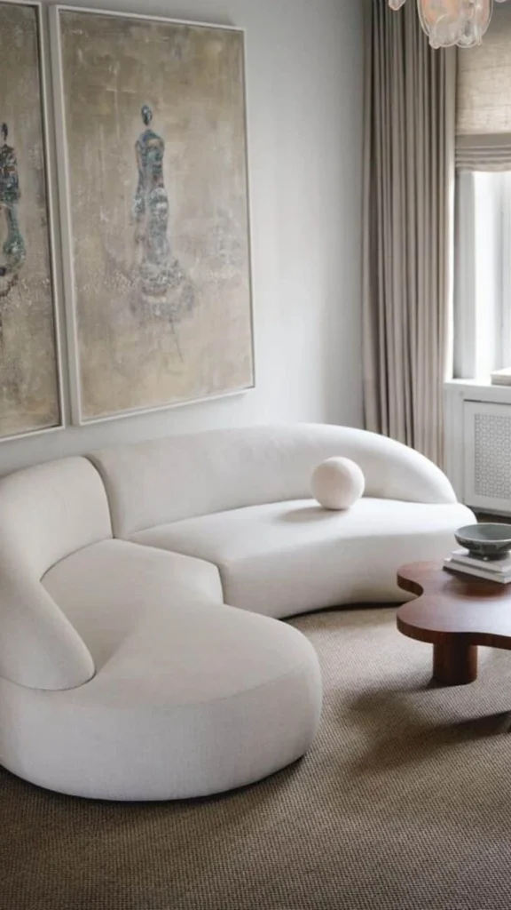 ophisticated minimalist room featuring curved sofas with a cream modular curved sofa, a dark wood amoeba table, and two large abstract canvas paintings.