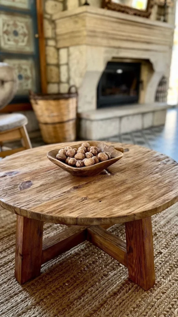 Rustic stone interior featuring round coffee tables with a chunky reclaimed wood round table with a cross base, and a stone fireplace.