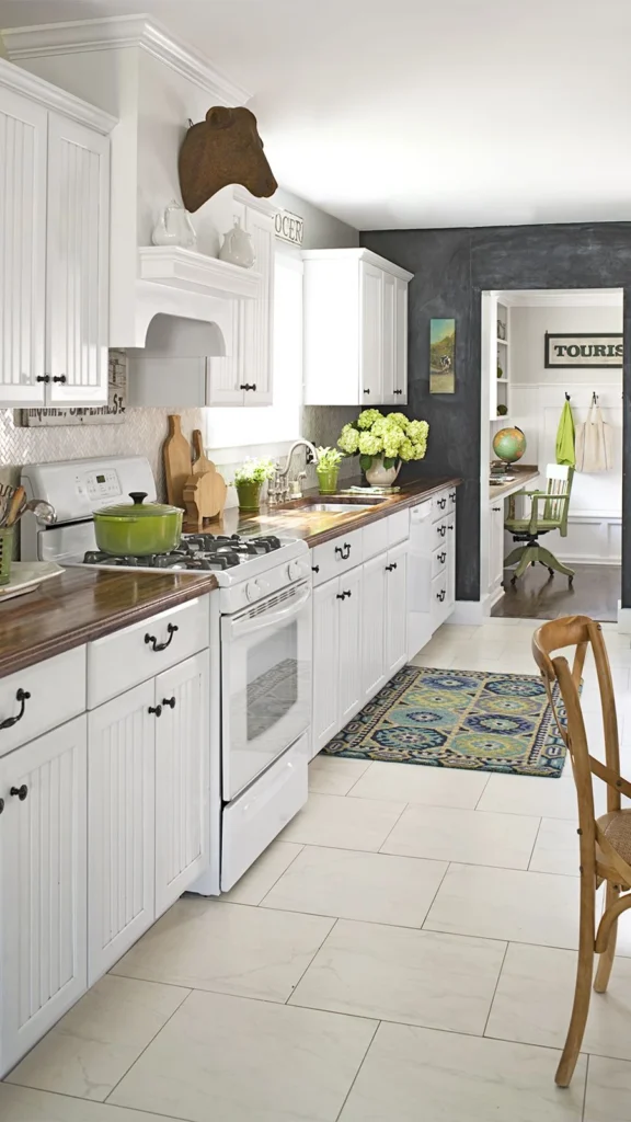 Farmhouse kitchen featuring kitchen decorating ideas with white beadboard cabinets, dark wood countertops, and a black chalkboard accent wall.
